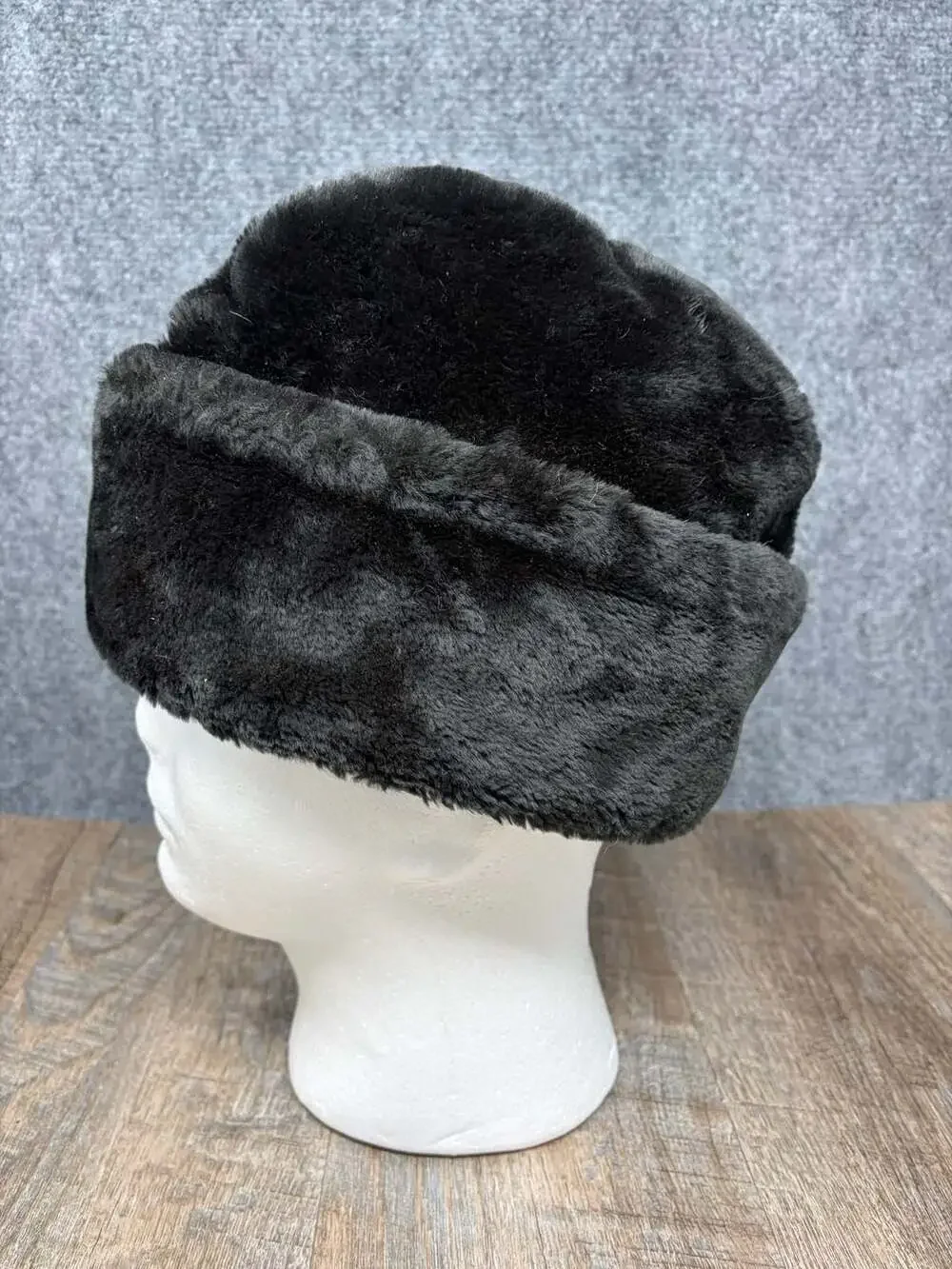 Vintage Faux Fur Cossack Style Winter Hat with Ear Flaps black gold satin lining - Picture 5 of 9